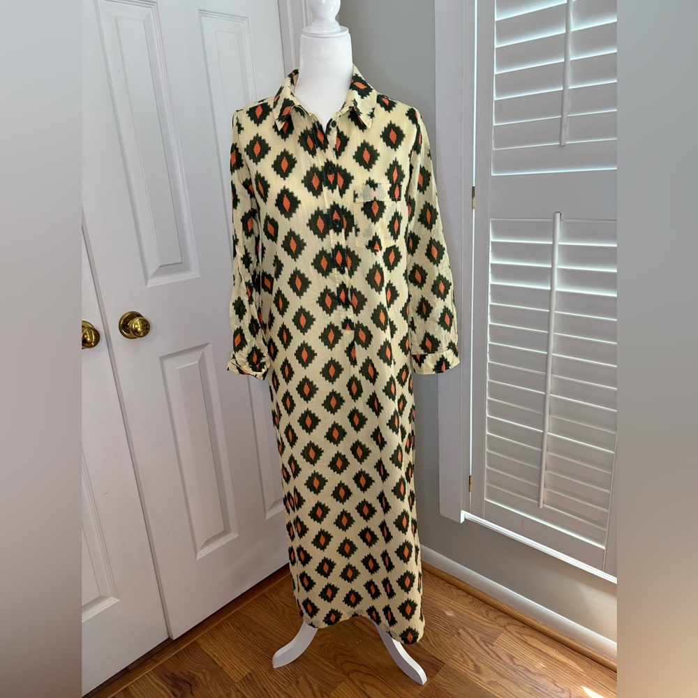 Zara Cream, Green, Poppy Orange Geometric Long Sleeve Dress with Side Slits